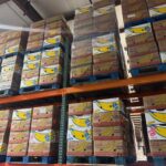 Banana box grocery pallets with cereal and canned goods
